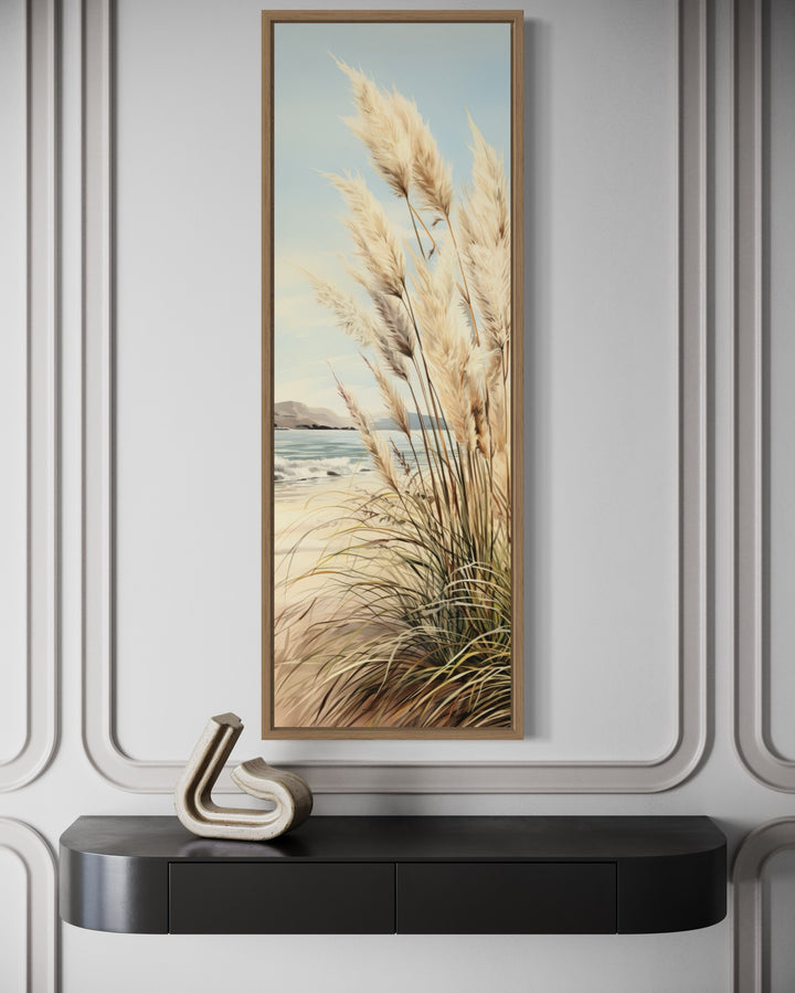 Tall Narrow Pampas Grass On The Beach Vertical Framed Canvas Wall Art