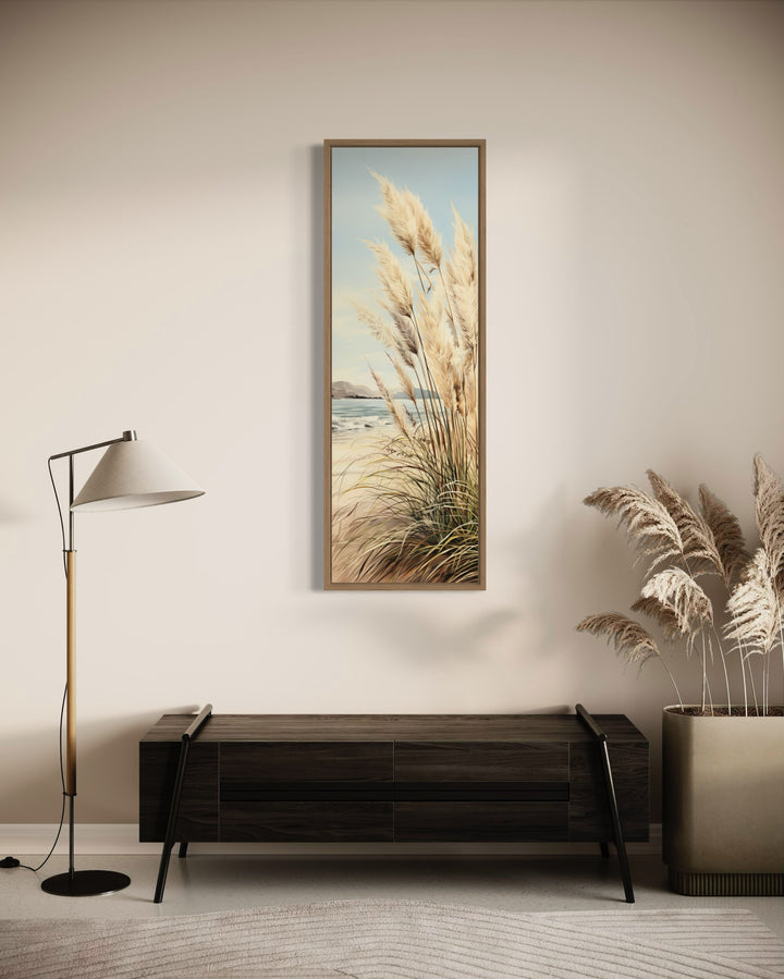 Tall Narrow Pampas Grass On The Beach Vertical Framed Canvas Wall Art