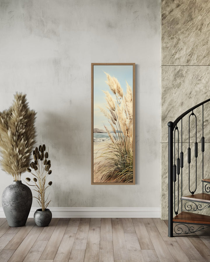 Tall Narrow Pampas Grass On The Beach Vertical Framed Canvas Wall Art
