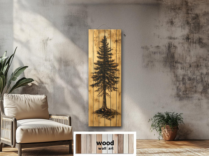 Tall Narrow Pine Tree Painted On Rustic Wood Real Wood Wall Art