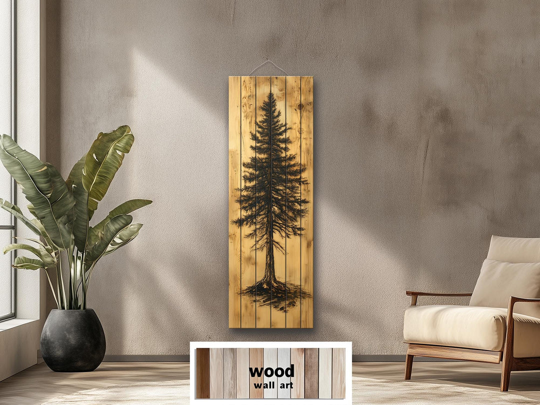 Tall Narrow Pine Tree Painted On Rustic Wood Real Wood Wall Art