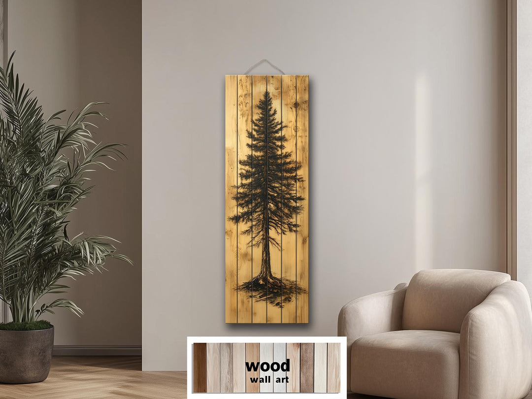 Tall Narrow Pine Tree Painted On Rustic Wood Real Wood Wall Art