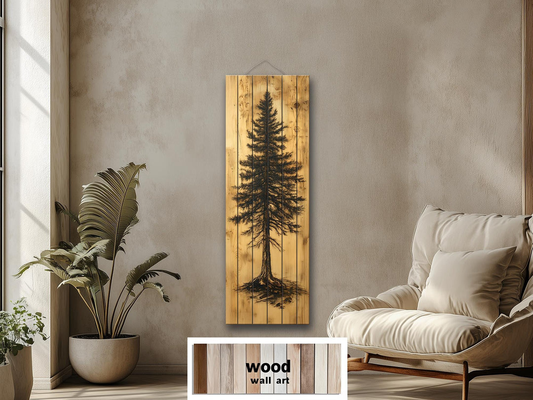 Tall Narrow Pine Tree Painted On Rustic Wood Real Wood Wall Art