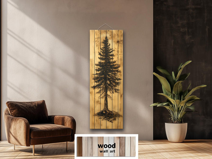 Tall Narrow Pine Tree Painted On Rustic Wood Real Wood Wall Art