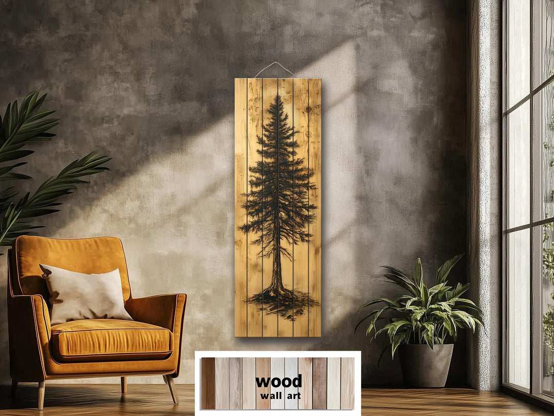 Tall Narrow Pine Tree Painted On Rustic Wood Real Wood Wall Art