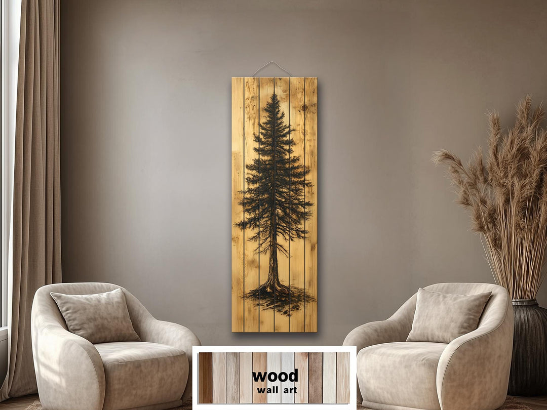 Tall Narrow Pine Tree Painted On Rustic Wood Real Wood Wall Art