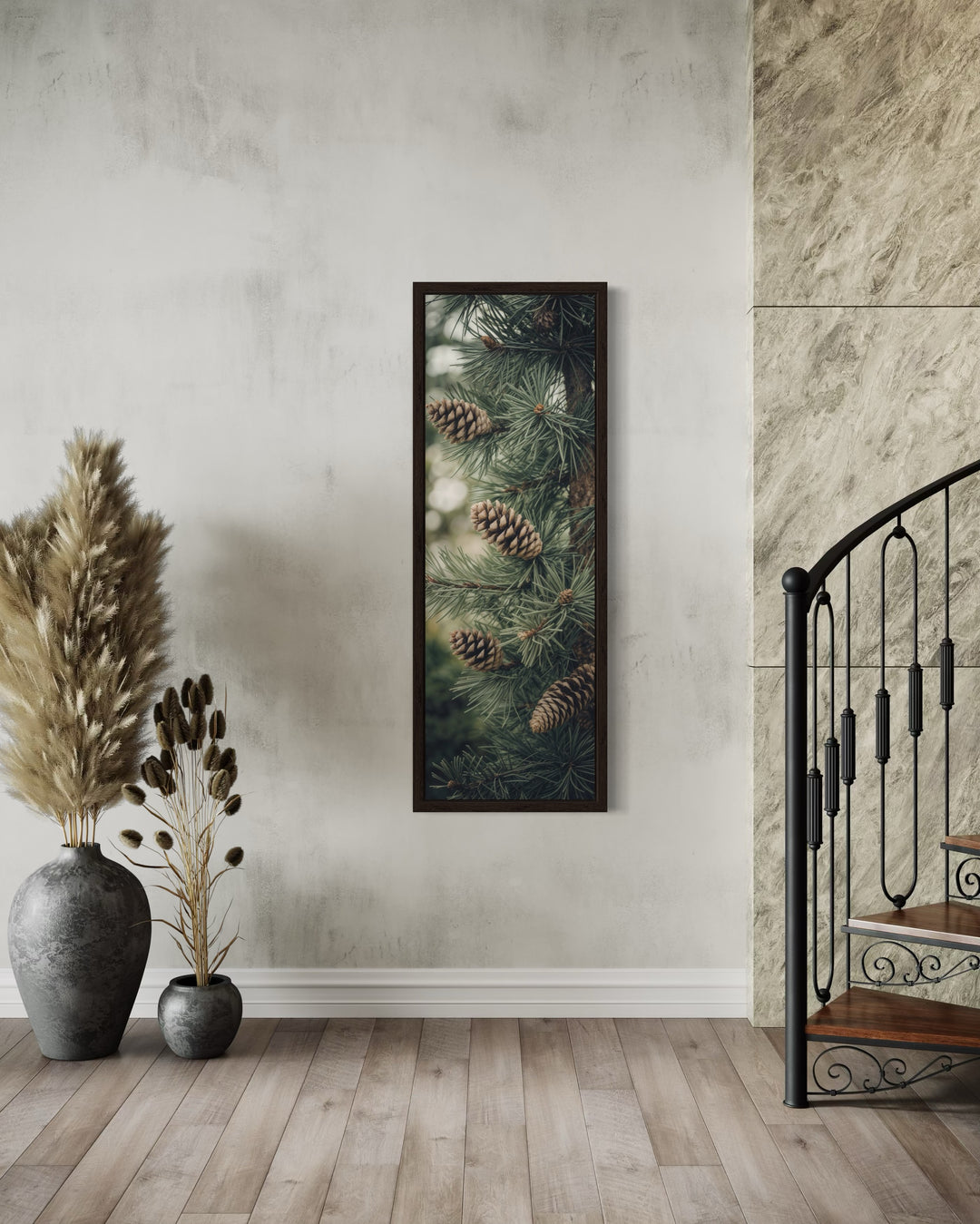 Tall Narrow Sage Green Pine Tree With Pine Cones Vertical Framed Canvas Wall Art