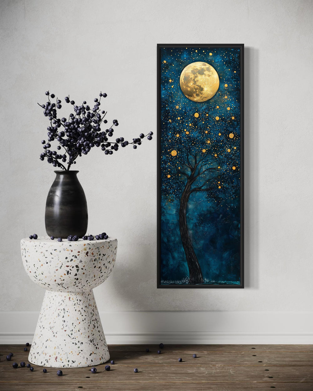 Tall Narrow Tree And Golden Moon On Navy Blue Background Wall Art
