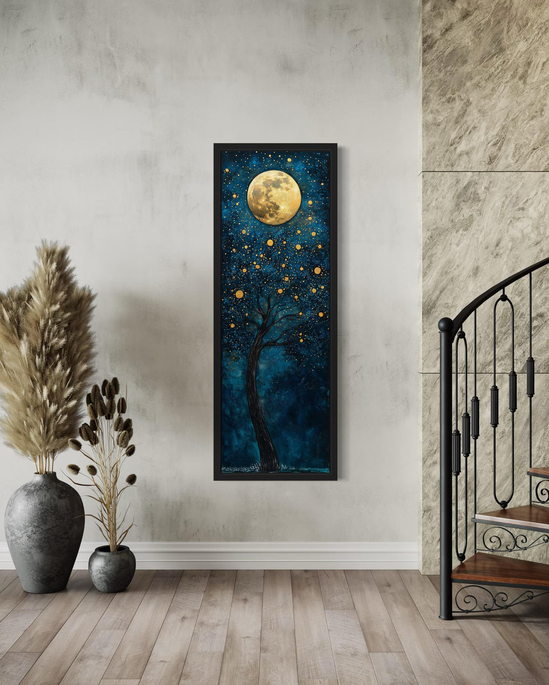 Tall Narrow Tree And Golden Moon On Navy Blue Background Wall Art
