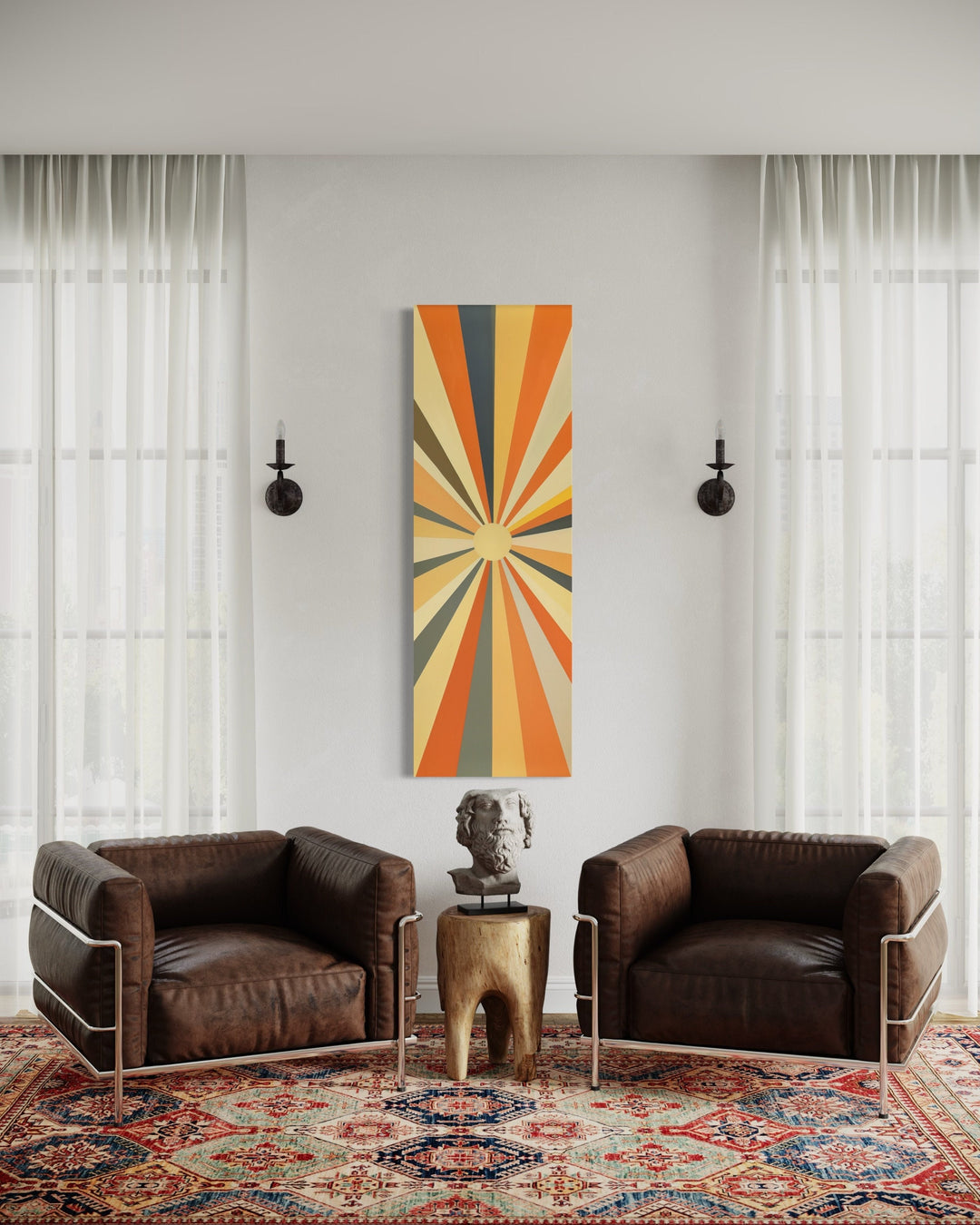 Tall Narrow Vertical Boho Sun Rays Mid Century Modern Wall Art