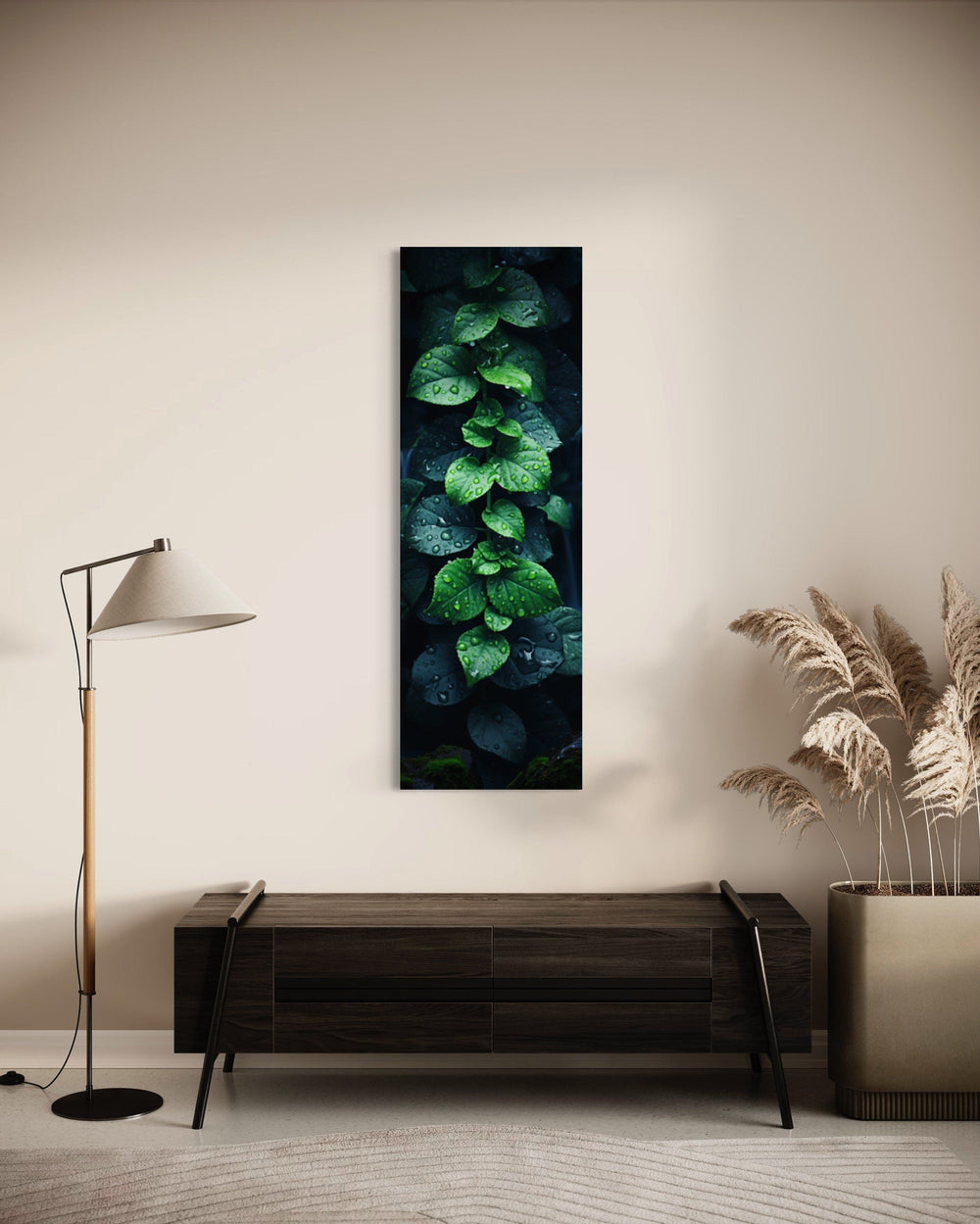 Tall Narrow Vertical Green Leaves Framed Canvas Wall Art