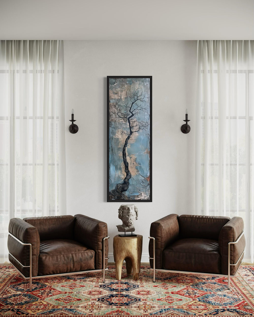 Tall Narrow Vertical Wabi-Sabi Minimalist Tree Framed Canvas Wall Art