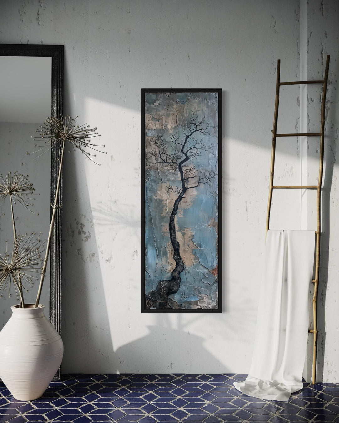 Tall Narrow Vertical Wabi-Sabi Minimalist Tree Framed Canvas Wall Art
