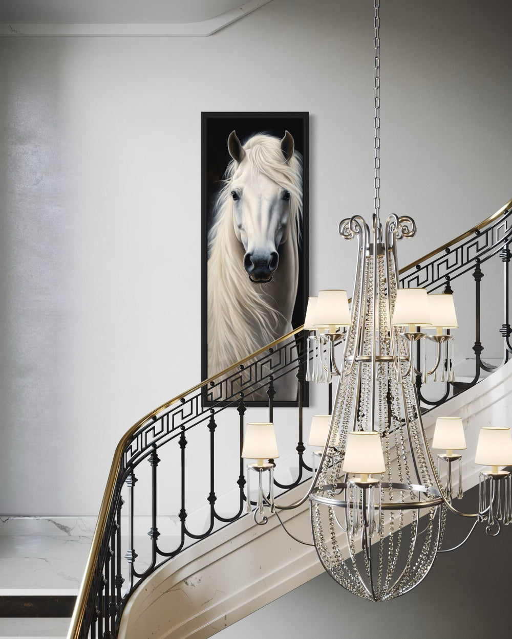 Tall Narrow Vertical White Horse Framed Canvas Wall Art
