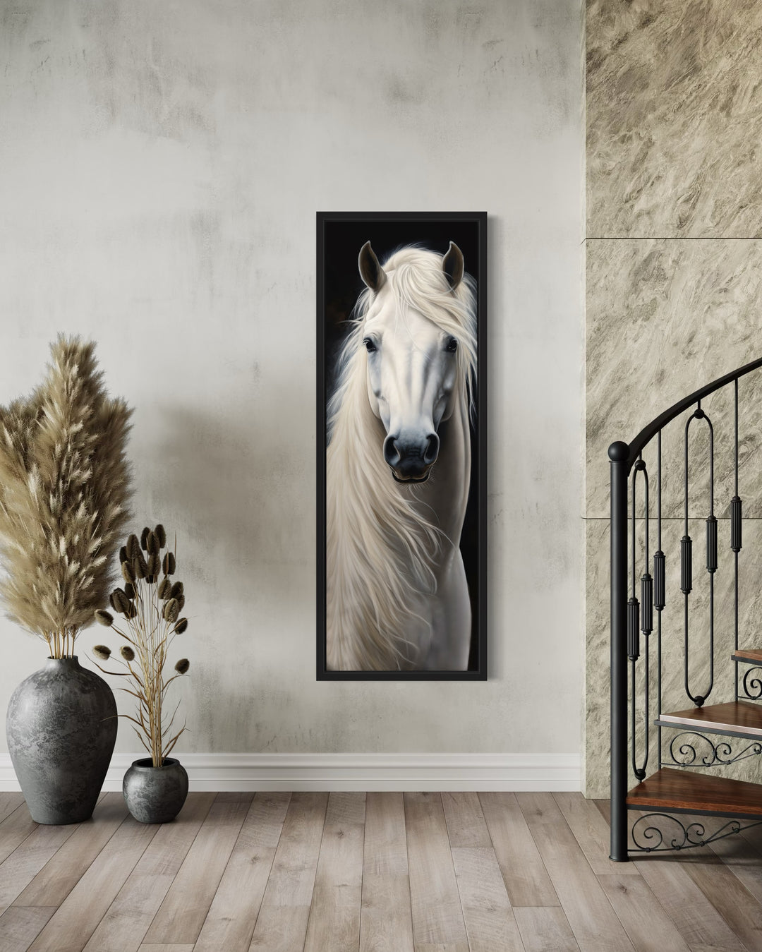 Tall Narrow Vertical White Horse Framed Canvas Wall Art