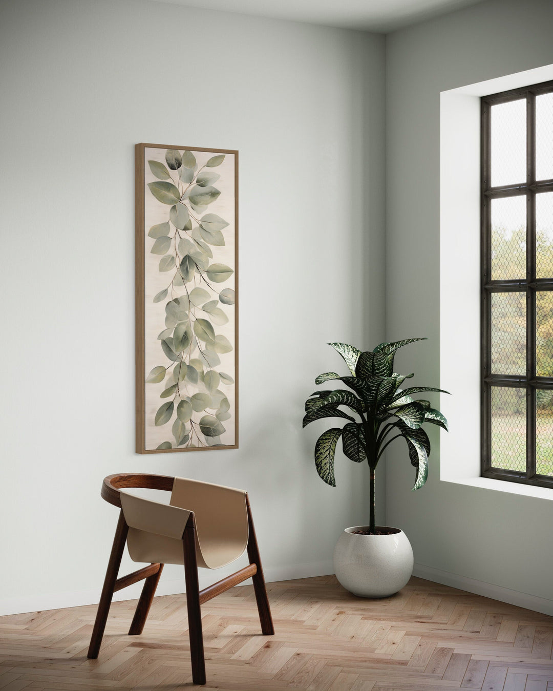 Tall Narrow Vintage Leaves Sage Green Beige Framed Canvas Wall Art