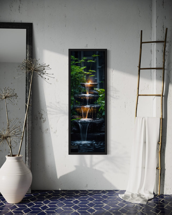 Tall Narrow Zen Fountain Framed Vertical Canvas Wall Art