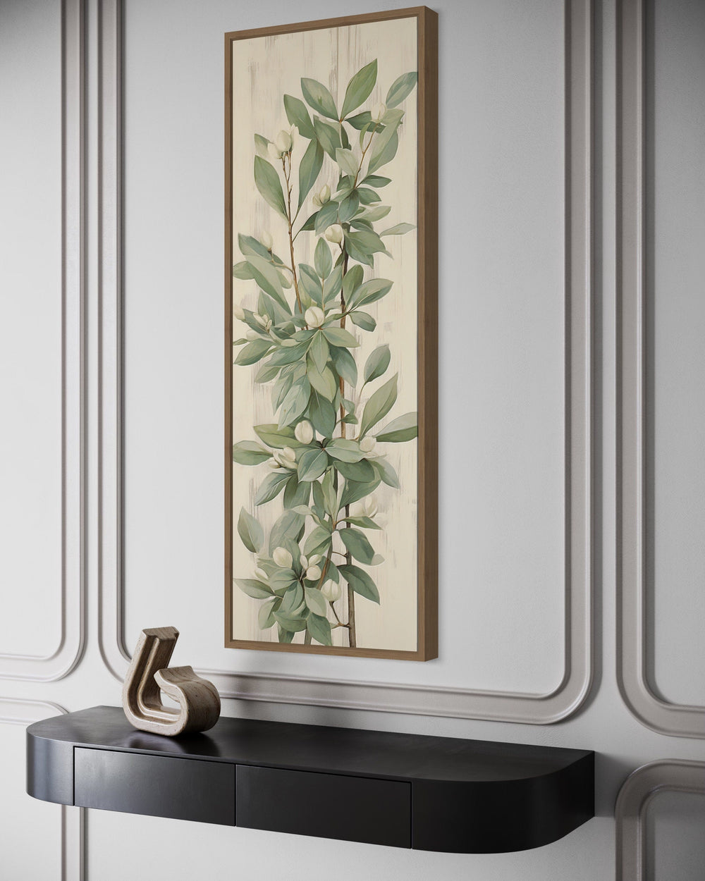 Tall Slim Vertical Vintage Sage Green Leaves Framed Canvas Wall Art