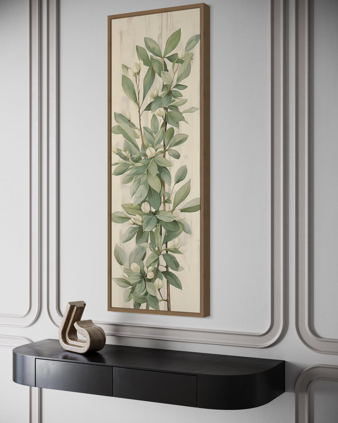 Tall Slim Vertical Vintage Sage Green Leaves Framed Canvas Wall Art