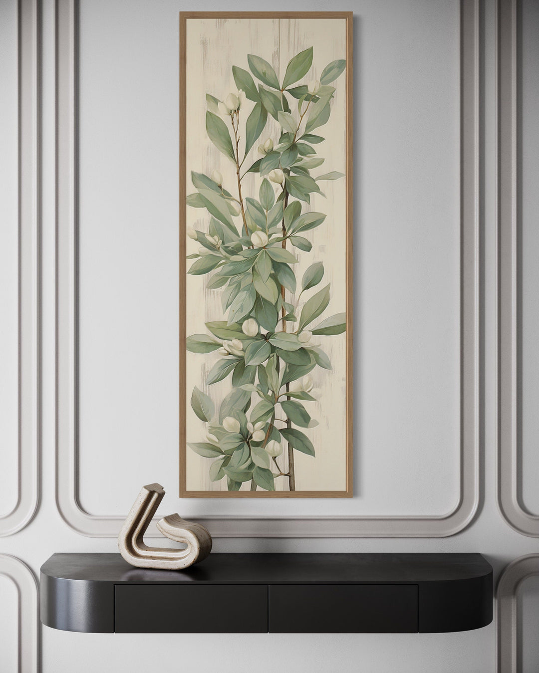 Tall Slim Vertical Vintage Sage Green Leaves Framed Canvas Wall Art