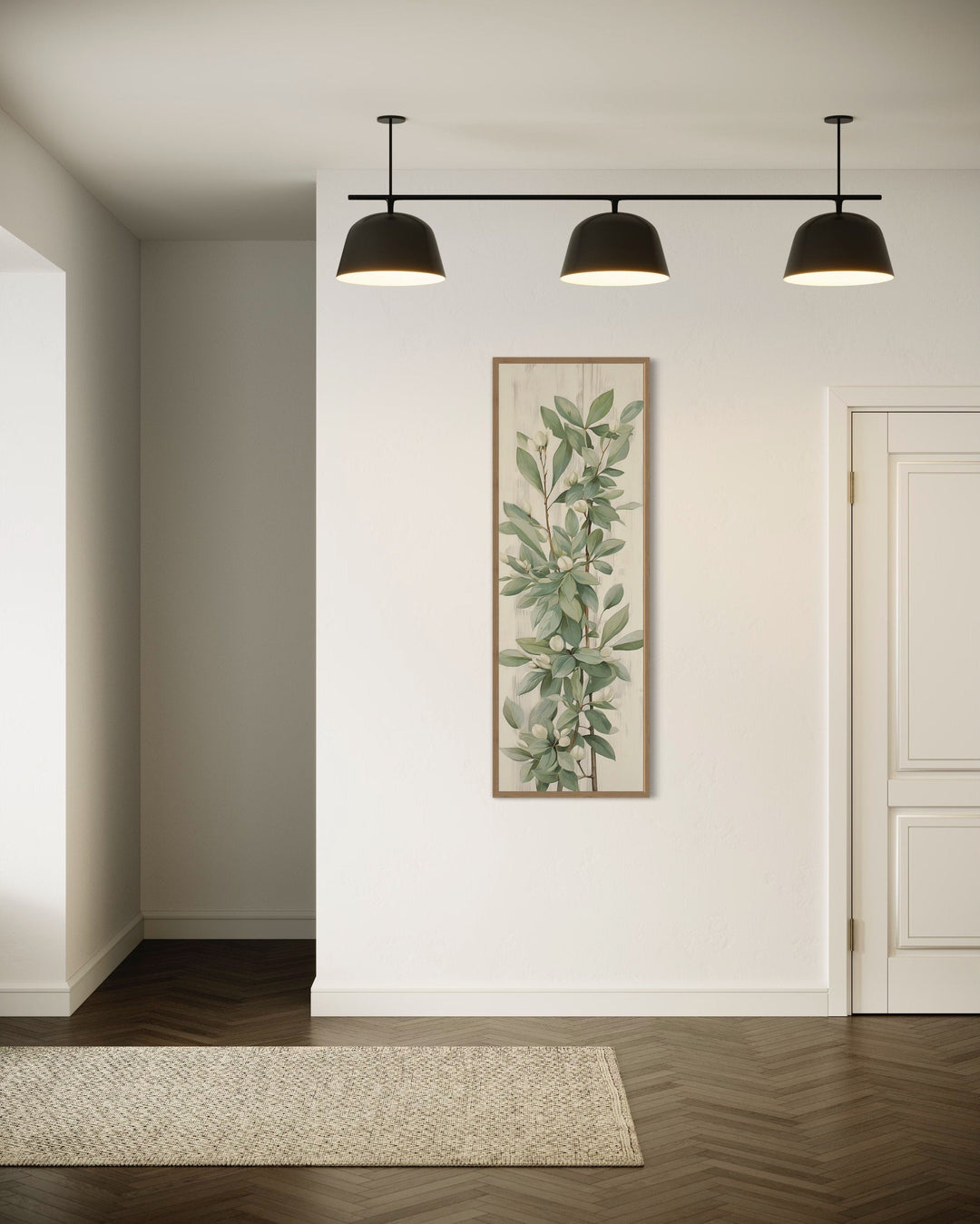 Tall Slim Vertical Vintage Sage Green Leaves Framed Canvas Wall Art
