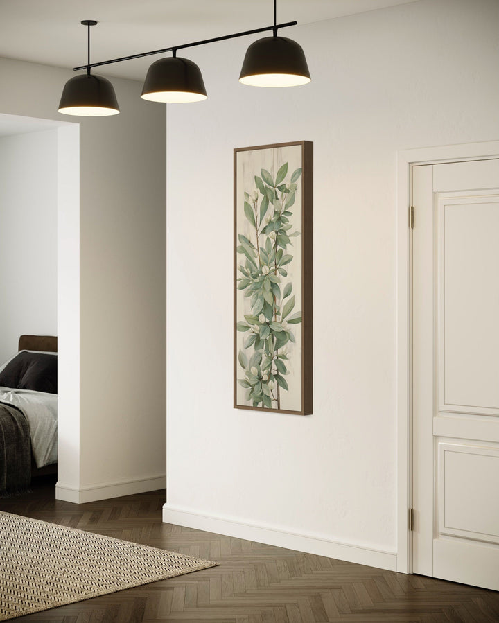 Tall Slim Vertical Vintage Sage Green Leaves Framed Canvas Wall Art