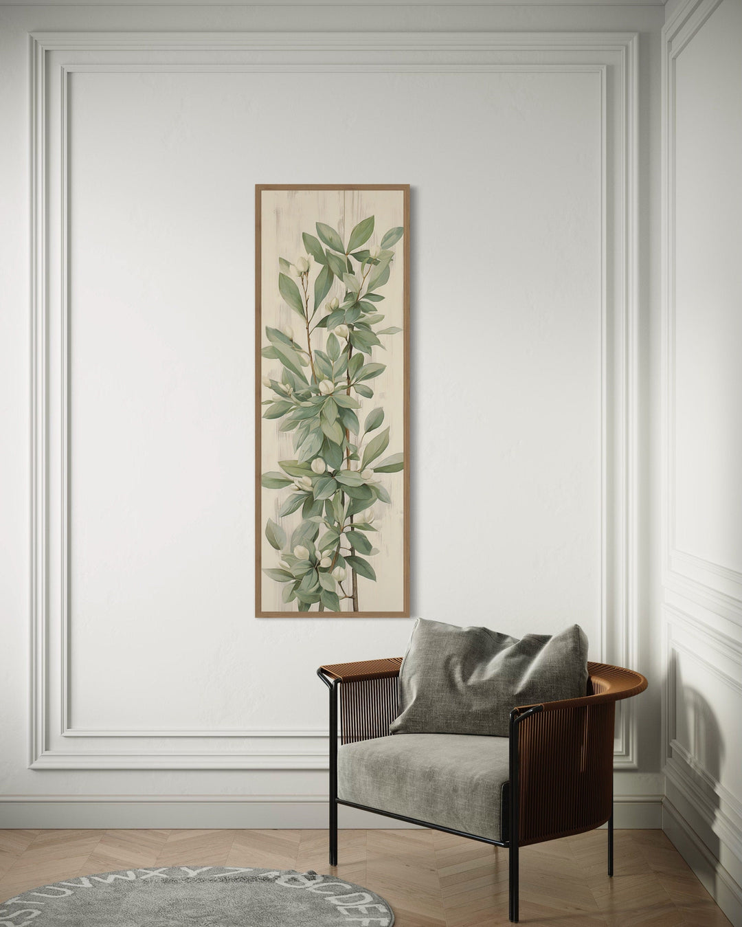 Tall Slim Vertical Vintage Sage Green Leaves Framed Canvas Wall Art