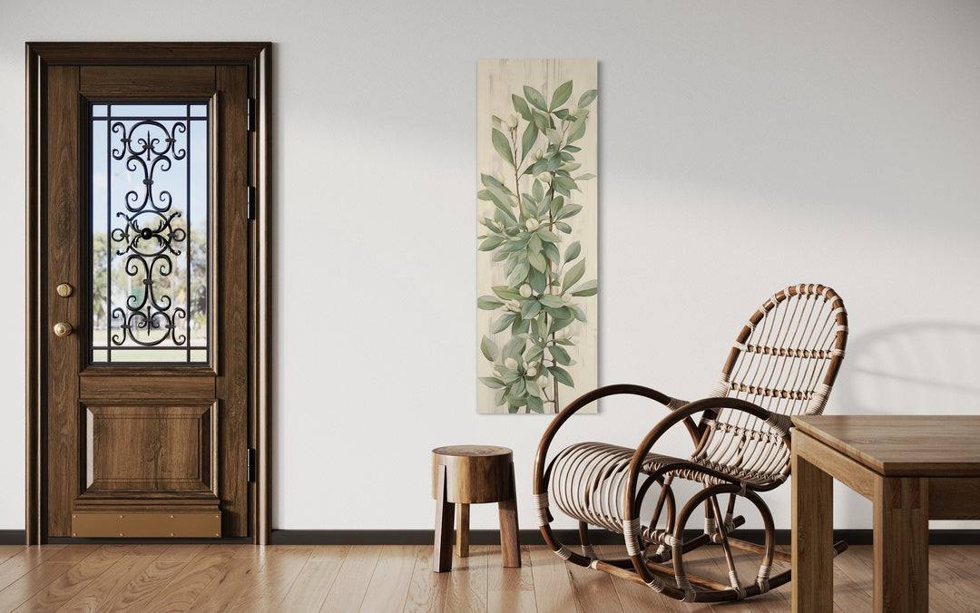 Tall Slim Vertical Vintage Sage Green Leaves Framed Canvas Wall Art