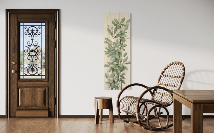 Tall Slim Vertical Vintage Sage Green Leaves Framed Canvas Wall Art