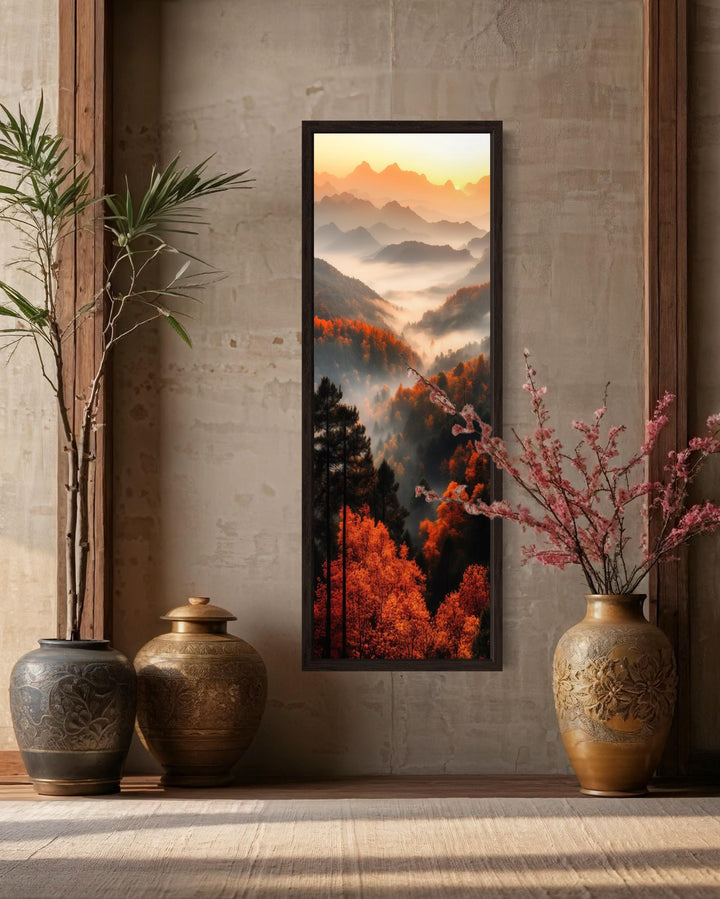 Tall Vertical Foggy Mountain Forest Landscape Canvas Wall Art
