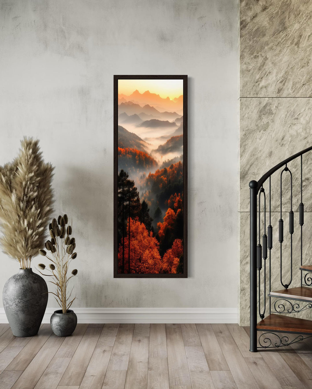 Tall Vertical Foggy Mountain Forest Landscape Canvas Wall Art