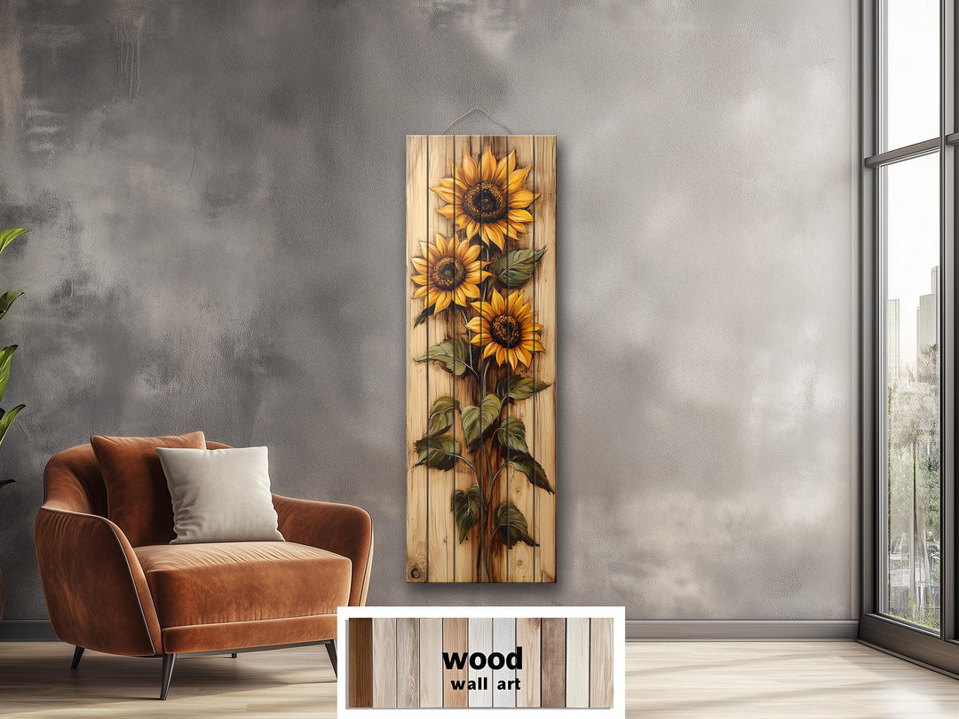 Tall Vertical Narrow Rustic Sunflowers Wood Wall Art
