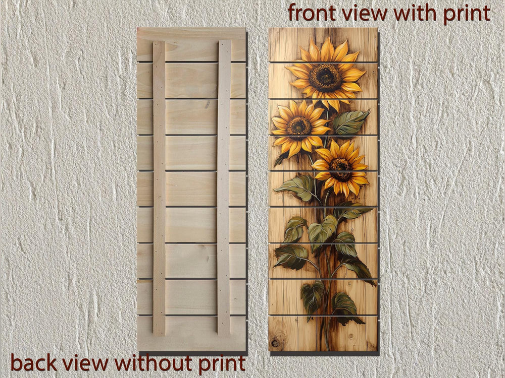 Tall Vertical Narrow Rustic Sunflowers Wood Wall Art