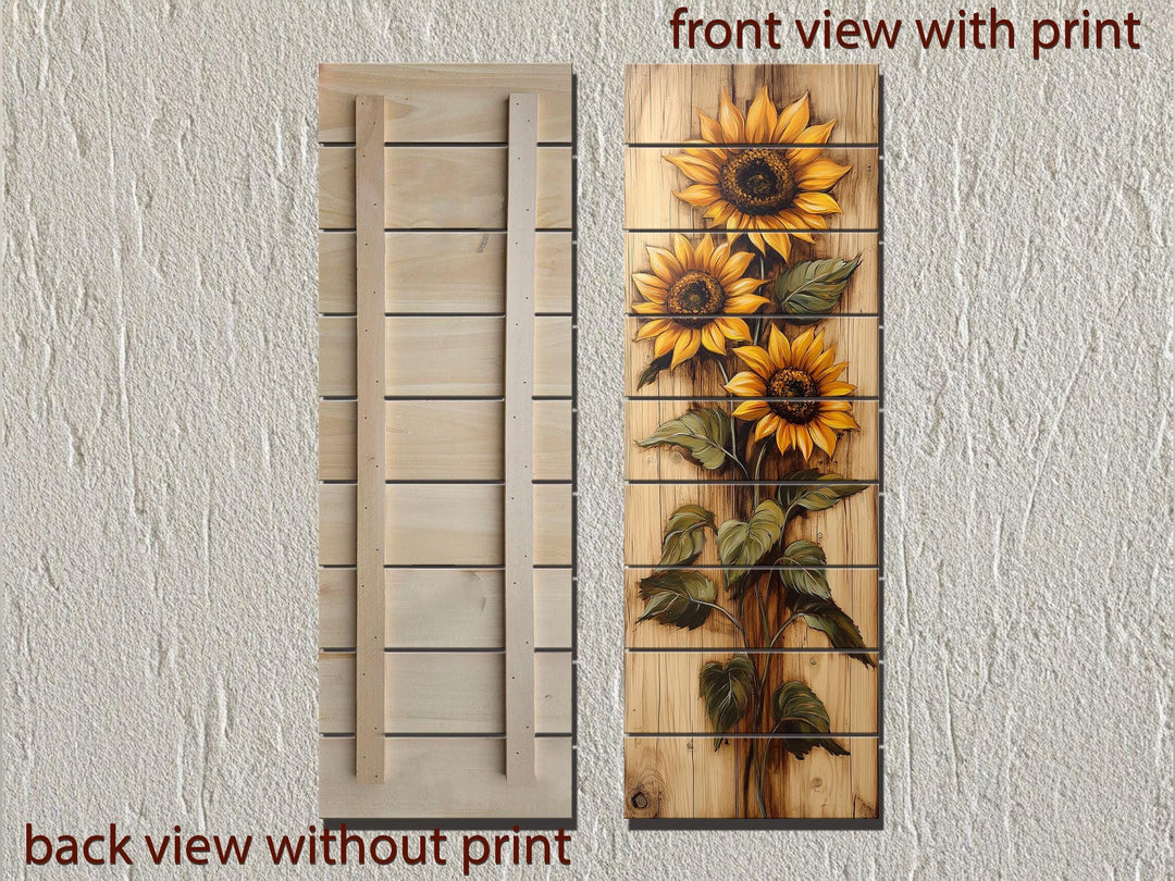 Tall Vertical Narrow Rustic Sunflowers Wood Wall Art