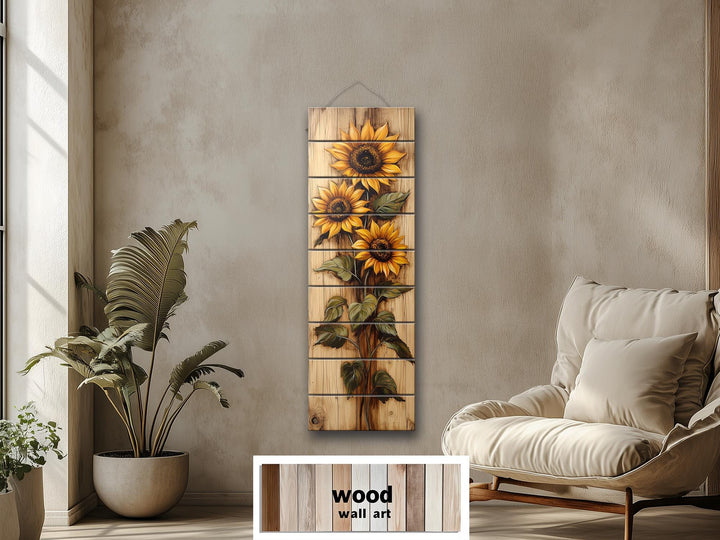 Tall Vertical Narrow Rustic Sunflowers Wood Wall Art