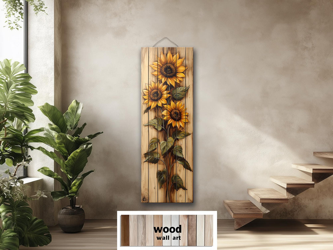 Tall Vertical Narrow Rustic Sunflowers Wood Wall Art