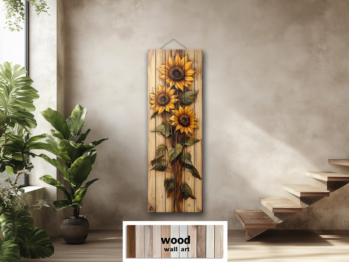 Tall Vertical Narrow Rustic Sunflowers Wood Wall Art