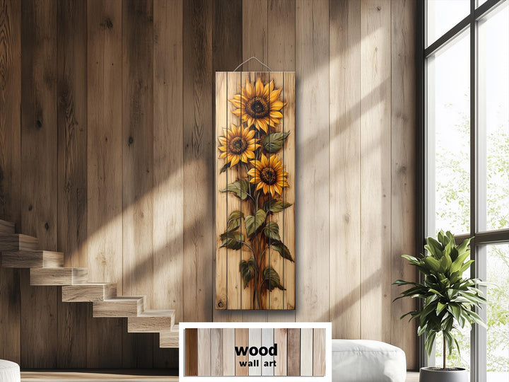 Tall Vertical Narrow Rustic Sunflowers Wood Wall Art