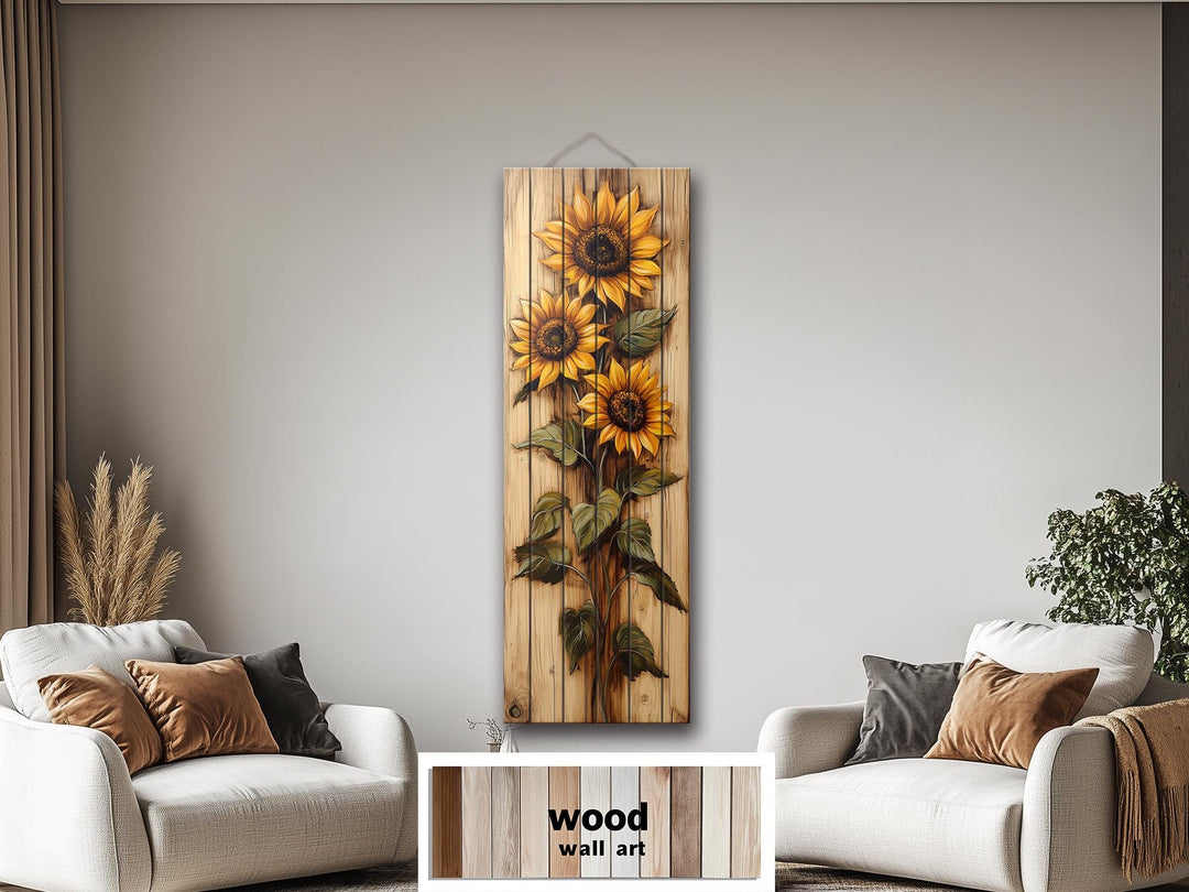 Tall Vertical Narrow Rustic Sunflowers Wood Wall Art