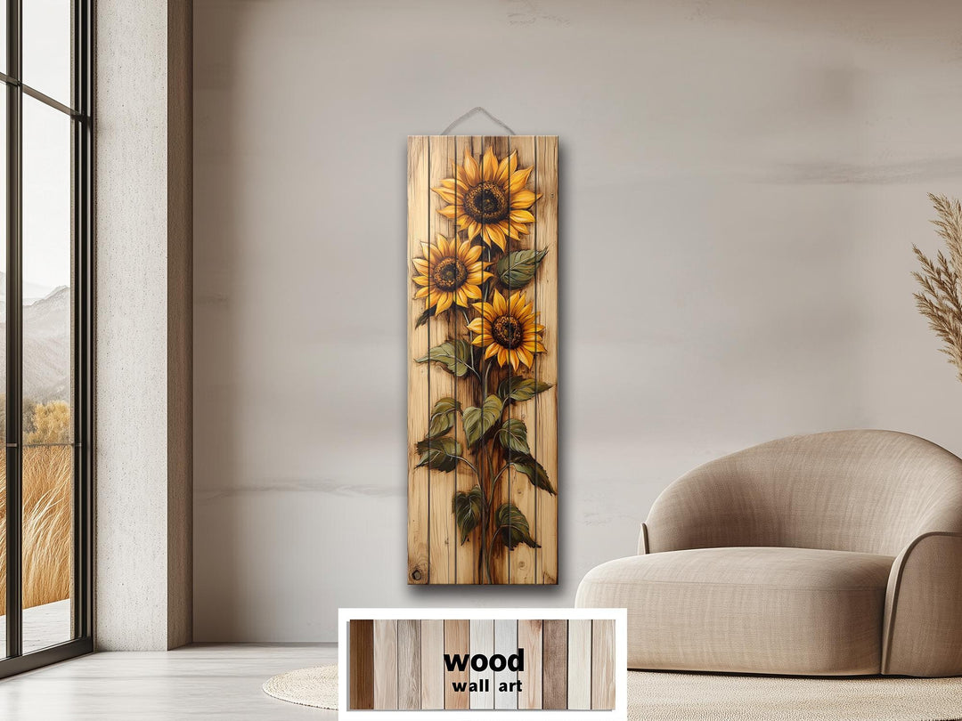 Tall Vertical Narrow Rustic Sunflowers Wood Wall Art