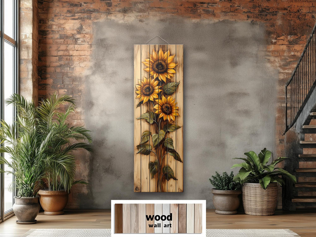 Tall Vertical Narrow Rustic Sunflowers Wood Wall Art
