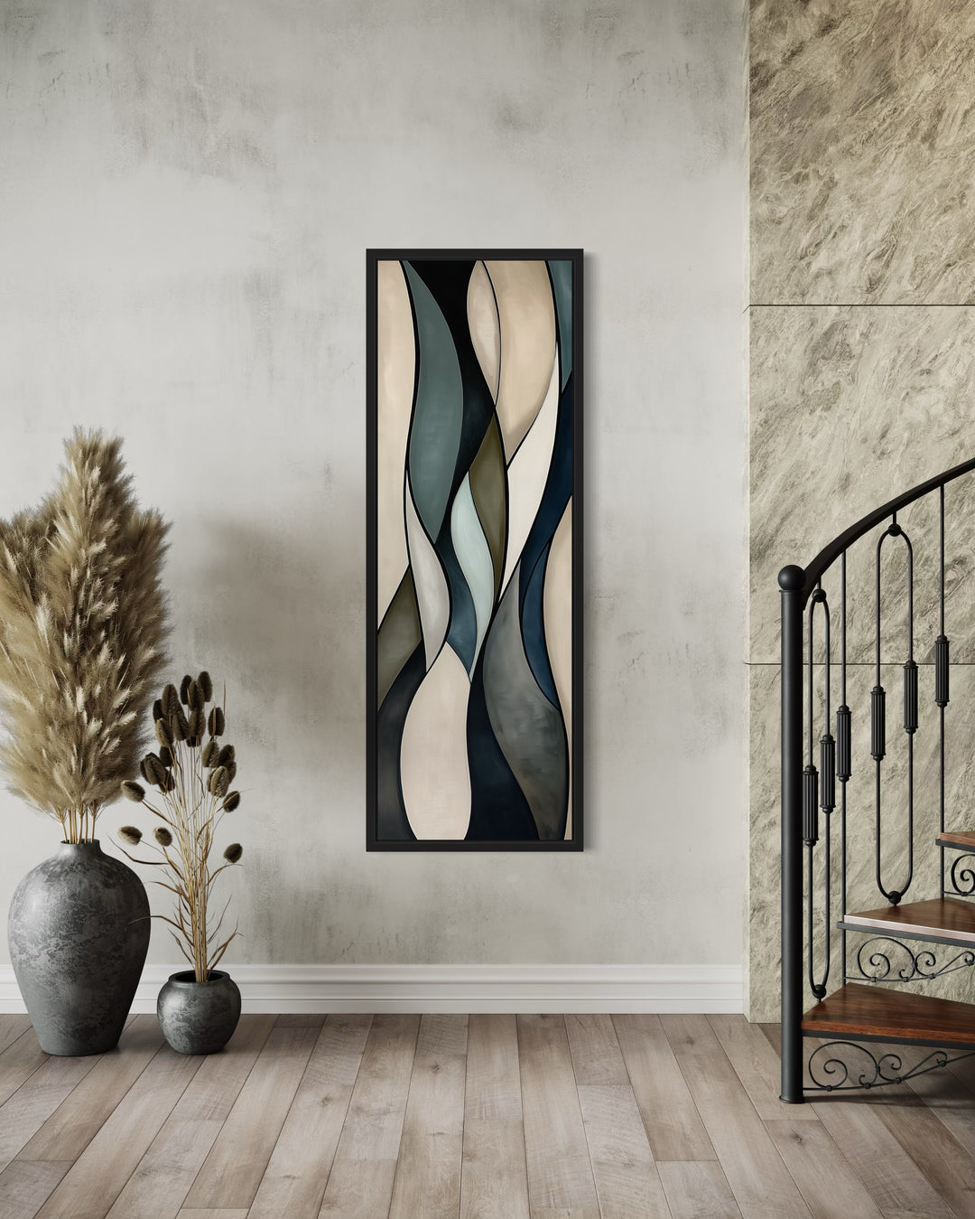 Tall Vertical Sage Green Beige Mid Century Modern Wall Art