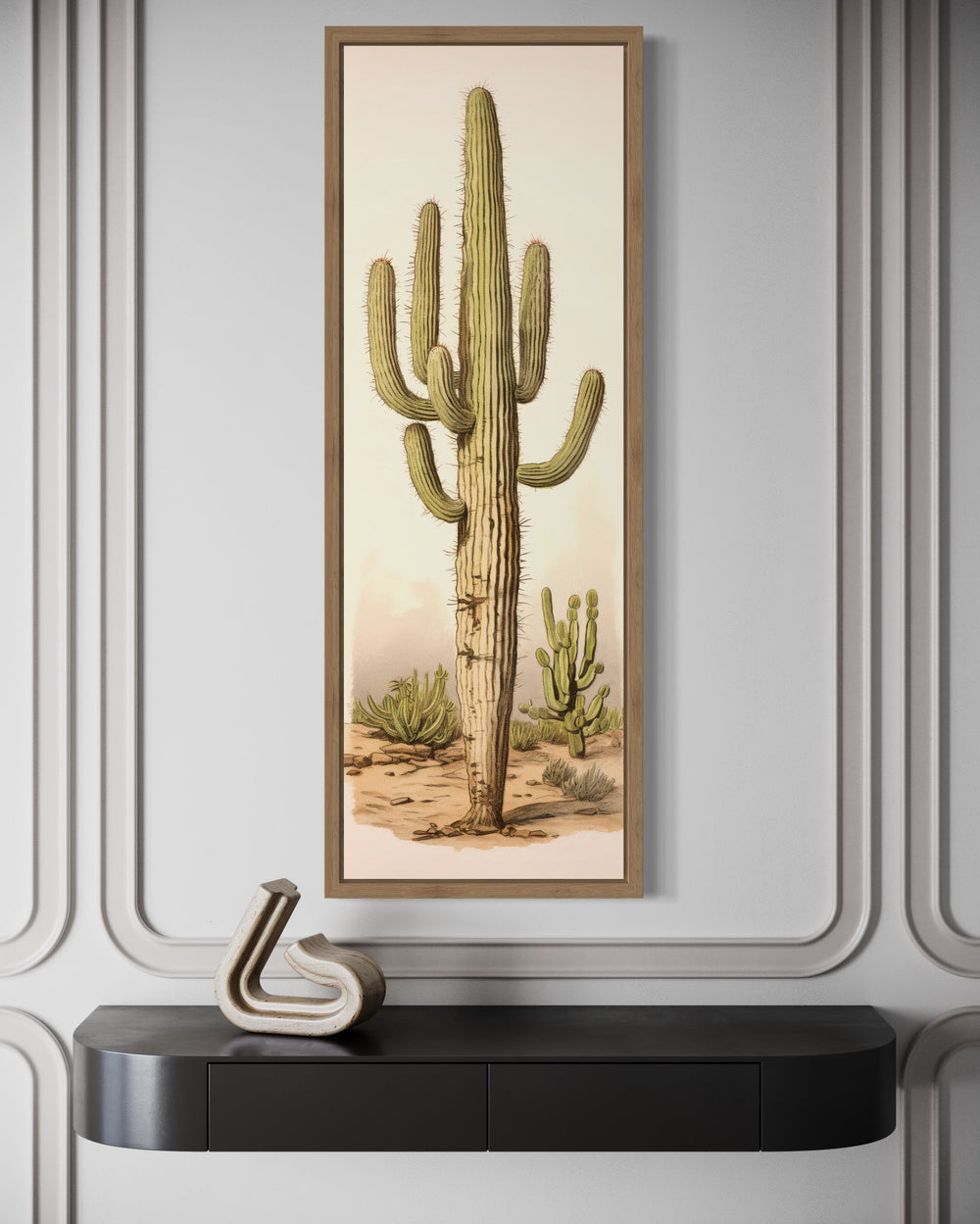 Tall Vertical Saguaro Cactus Neutral Slim Framed Canvas Wall Art