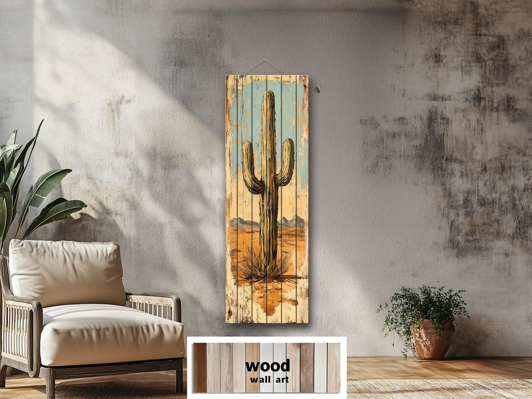 Tall Vertical Saguaro Cactus Wood Wall Art