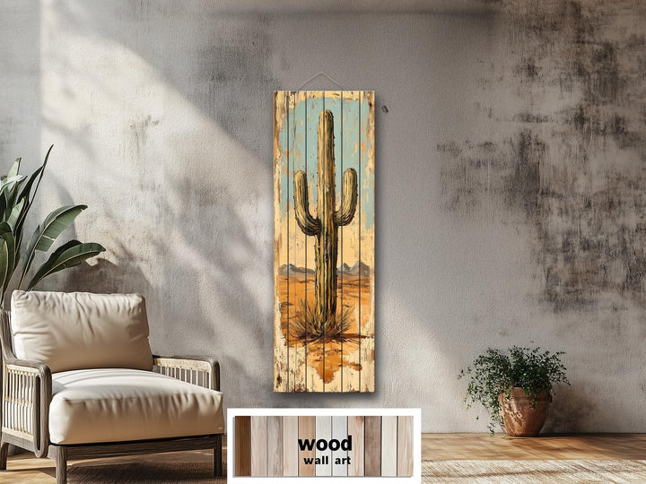 Tall Vertical Saguaro Cactus Wood Wall Art