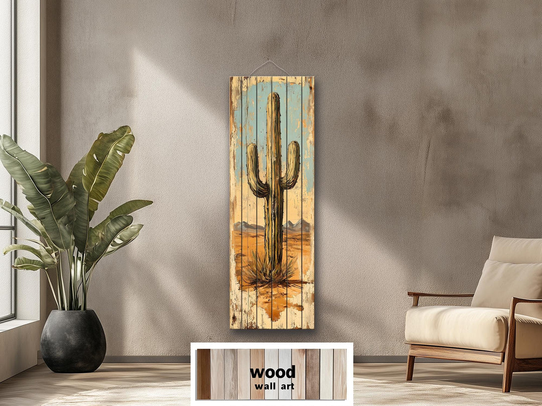 Tall Vertical Saguaro Cactus Wood Wall Art
