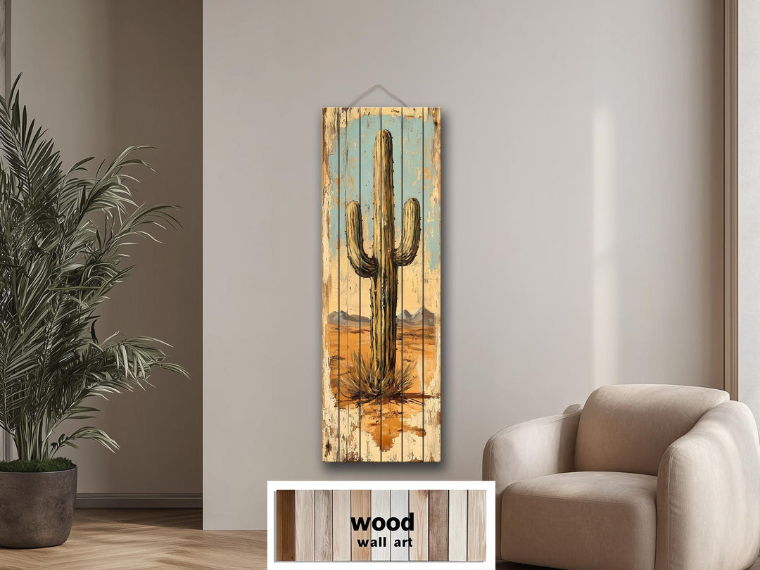 Tall Vertical Saguaro Cactus Wood Wall Art