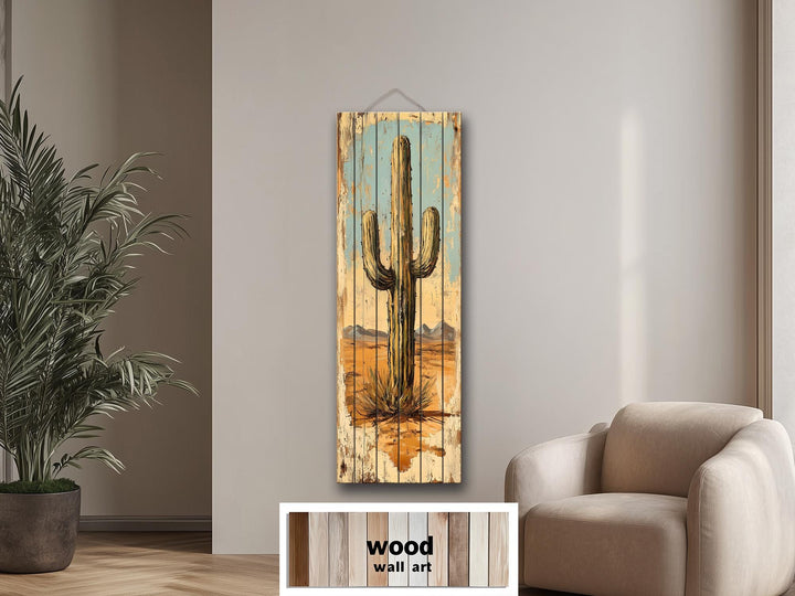 Tall Vertical Saguaro Cactus Wood Wall Art
