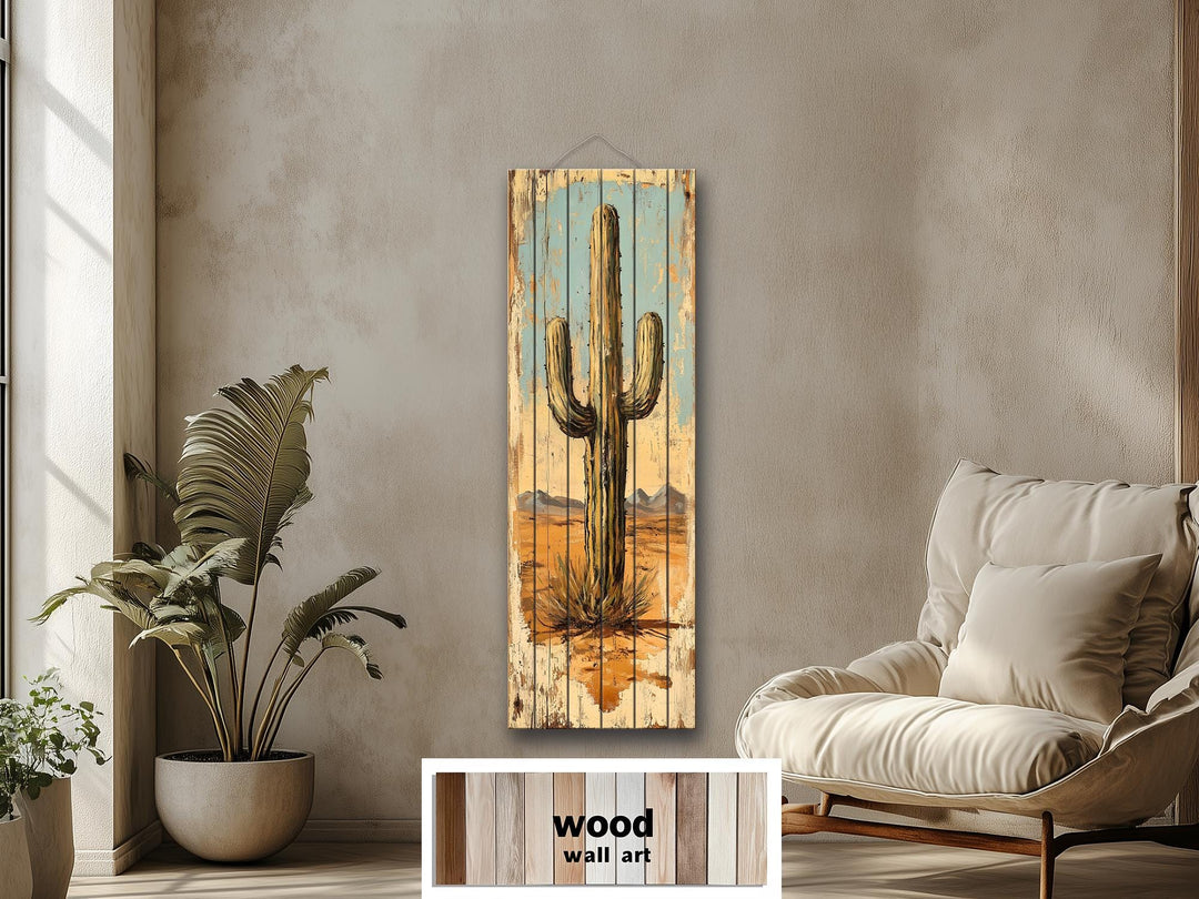 Tall Vertical Saguaro Cactus Wood Wall Art