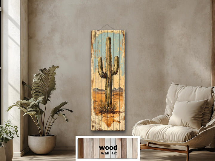 Tall Vertical Saguaro Cactus Wood Wall Art